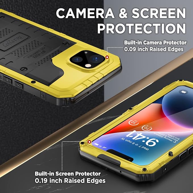 Beasyjoy for iPhone 14 Plus Case, IP68 Waterproof Metal Heavy Duty Defender Case with Built-in Screen Protector, Military Grade Full Body Protective Defender Shockproof Rugged Cover 6.7 Inch, Yellow