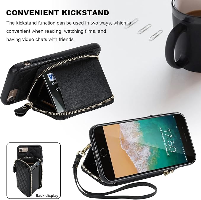 Bocasal Crossbody Wallet Case for iPhone SE 2022/SE 2020/8/7, RFID Blocking PU Leather Zipper Handbag Purse Flip Cover, Kickstand Folio Case with Card Slots Holder Wrist Strap Lanyard 4.7 Inch (Black)