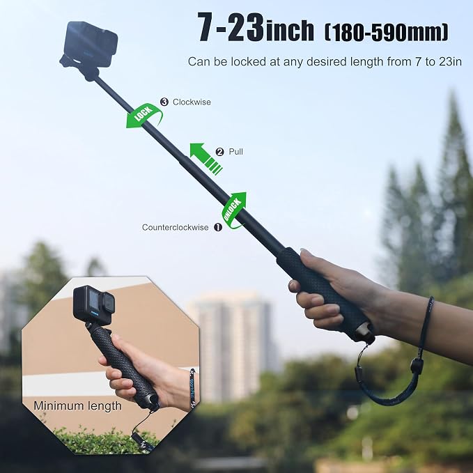 SOONSUN 23'' Short Extension Selfie Stick Compact Hand Grip Waterproof Monopod Pole for GoPro Hero 13 12 11 10 9 8 7 6 5 4, Fusion, Session, Insta360 X2 X3, GO3, AKASO, DJI Osmo Action Camera