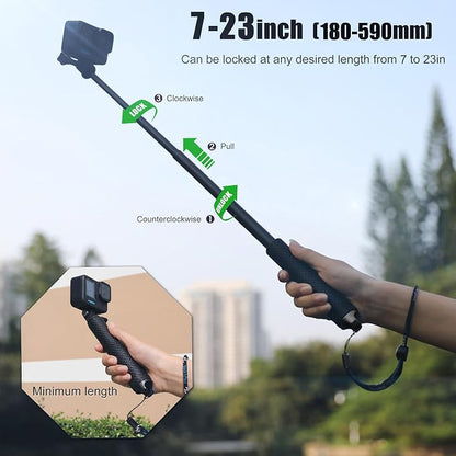SOONSUN 23'' Short Extension Selfie Stick Compact Hand Grip Waterproof Monopod Pole for GoPro Hero 13 12 11 10 9 8 7 6 5 4, Fusion, Session, Insta360 X2 X3, GO3, AKASO, DJI Osmo Action Camera