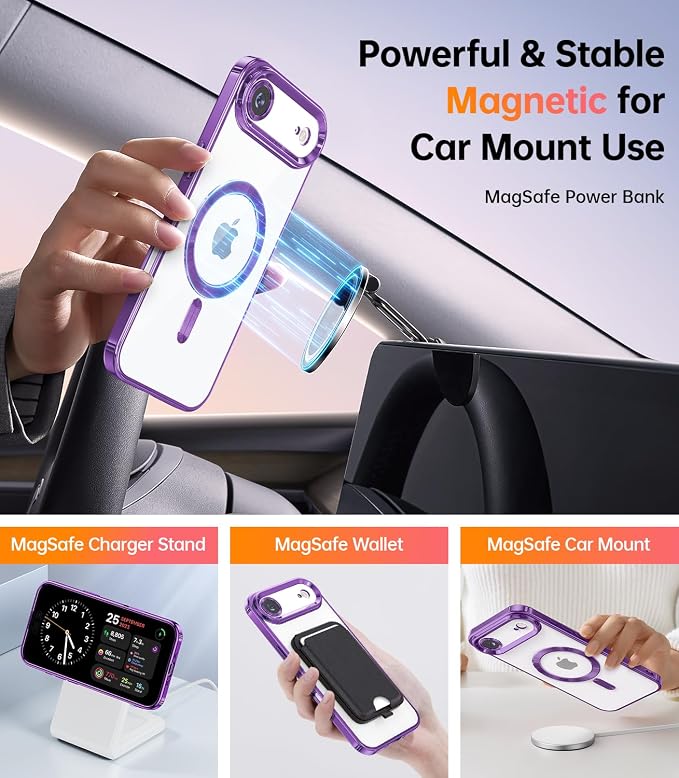 Meifigno Designed for iPhone Air Case with Ring Stand (6.5"), [Built-in Mirror] [Compatible with MagSafe] [Glitter Card & Wrist Strap] Removable Phone Stand +Designed for iPhone 17 Air Case, Purple