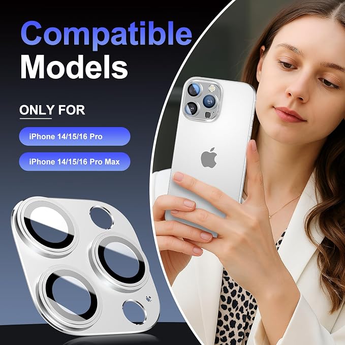for iPhone 14/15/16 Pro & Pro Max Camera Lens Protector, Step Tempered Glass with Metal Alloy Frame, for iphone 15 pro camera lens protector, Clear Photography, Military-Grade Protection,Silver