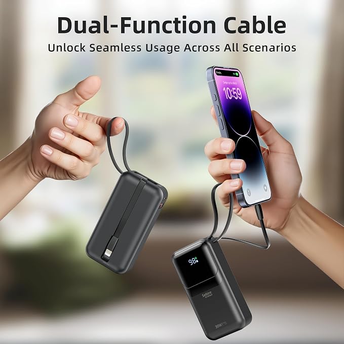 PD 30W Fast Charging Portable iPhone Charger 10 000mAh Mini Size Power Bank with Built in USB C & Lightning Cable, LED Display, Travel Battery Pack for iPhone 16/15/14/13 Series Samsung etc