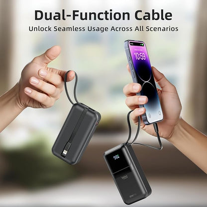 PD 30W Fast Charging Portable iPhone Charger 10 000mAh Mini Size Power Bank with Built in USB C & Lightning Cable, LED Display, Travel Battery Pack for iPhone 16/15/14/13 Series Samsung etc