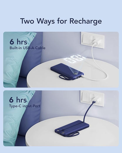 VRURC Portable Charger for iPhone, USB C Power Bank 10000mAh, Slim Travel Battery Pack with Built in Cables, 5 Outputs 2 Input Portable Phone Charger for iPhone 17 16 15 14 13, Samsung, Android-Navy