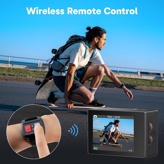 AKASO EK7000 4K30FPS 20MP WiFi Action Camera with 64GB MicroSD Memory Card Bundle EIS Ultra HD 131FT Waterproof Underwater Camera Remote Control 4X Zoom Support External Microphone Black