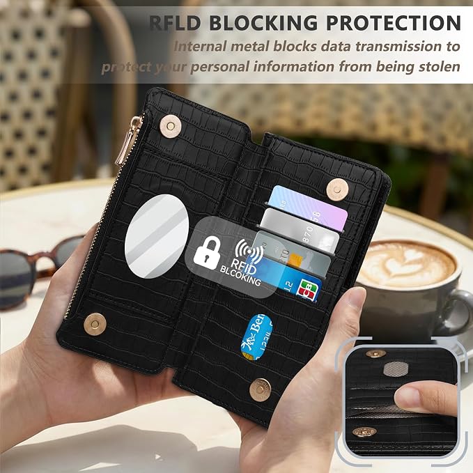 Crossbody Wallet Case for iPhone 17 Pro Max with Mirror, Wrist Strap, Detachable Zipper Purse, Magnetic Flip RFID Blocking Card Holder, Wireless Charging Case 6.9" Women (Textured Black)