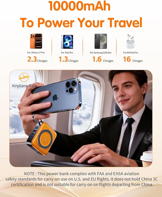 10000mAh for Magsafe Portable Charger Built-in Cables & AC Wall Plug,Orange | 6-in-1,PD 22.5W USB C Fast Charging,15W Magnetic Wireless Charging,Charge 5 devices at once,LED Display Travel Power Bank