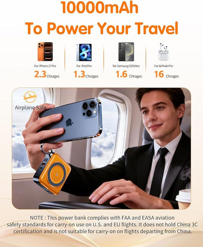 10000mAh for Magsafe Portable Charger Built-in Cables & AC Wall Plug,Orange | 6-in-1,PD 22.5W USB C Fast Charging,15W Magnetic Wireless Charging,Charge 5 devices at once,LED Display Travel Power Bank