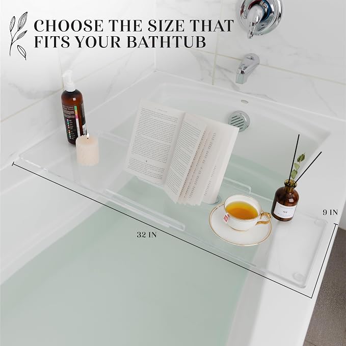32" Classic- Clear Bathtub Tray Caddy Tub Shelf, Spa Board Luxury Bathroom Bath tub Table, Waterproof Acrylic Tub Caddy Fits Across Bathtub, Book Rack, iPad, Easy To Clean(32")