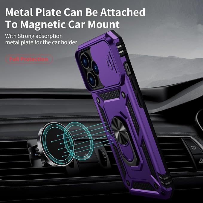 for iPhone 13 Pro Case with Camera Lens Cover, HD Screen Protector, 10 FT Military Grade Drop Protection, Magnetic Ring Holder Kickstand Protective Phone Case for iPhone 13 Pro, Deep Purple