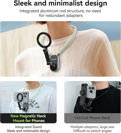TELESIN Magnetic Neck Mount for Phones, Cell Phone Holder Stand Hanging on Neck POV/Vlog Selfie Hand Free Necklace Phone Strap Video Recording for iPhone 16 15 14 13 12 Seires Android Phones (Green)