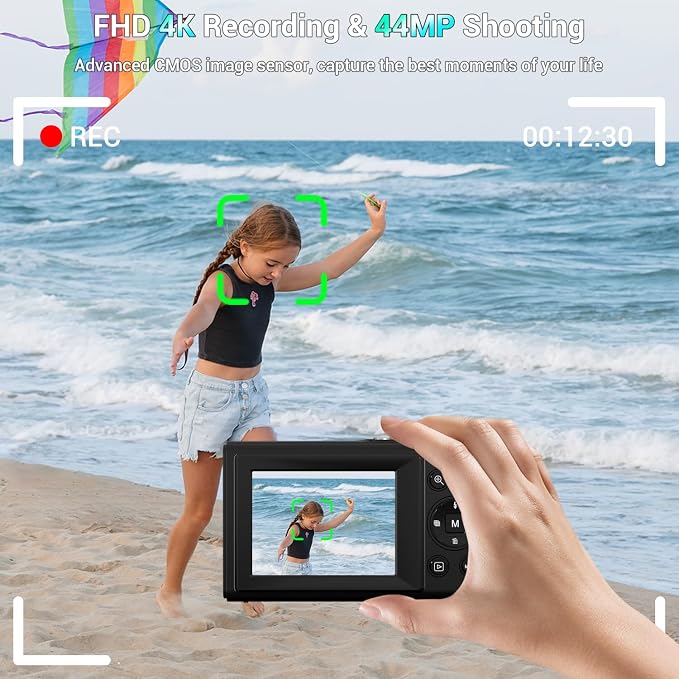 Digital Camera, 4K 44MP Autofocus Point and Shoot Camera with 16X Zoom 2.4" LCD Portable Compact Camera for Kids Teens Boys Girls Adults