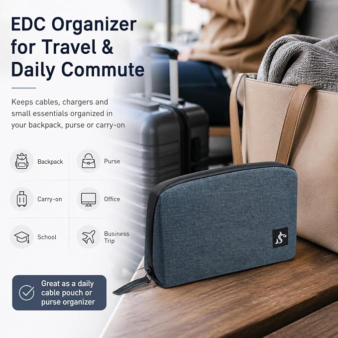 Small Electronics Organizer Travel Case, Cord and Cable Tech Bag Pouch | Compact soft tech Bag pouch for cables cords chargers earbuds and slim power bank water-resistant for travel, cruise and work