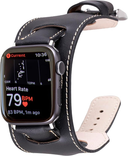 HARDISTON Cuff Watch Band Compatible with Apple 42mm for men & women, Handmade Genuine Leather, Compatible with iWatch Series 11 10 9 8 7 6 5 4 3 2 1 SE Ultra, Wrist Bracelet Band, Large/Band-Black