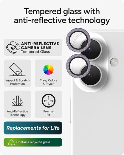 ZAGG iPhone Camera Lens Protector for iPhone 17/16/ 16 Plus - Purple Glitter, Camera Ring, Maximum Impact & Scratch Protection, Anti-Reflective Technology, Smudge-Resistant, Precise Fit, Glass Elite