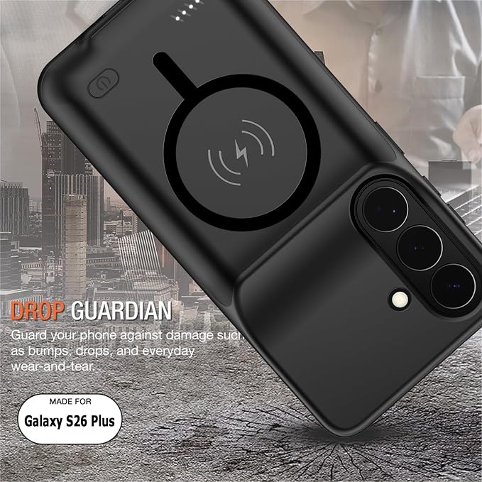 Wireless Charging Case for Galaxy S26 Plus, Upgraded 12000mAh Rechargeable Portable Charging Case Compatible with Galaxy S26 Plus (6.7 inch) with Carplay Extended Battery Pack Charger Case (Black)