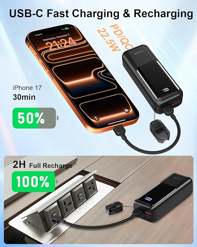 Mini Portable Charger,Small 22.5W PD Power Bank,10000mAh USB C in&Out Fast Charging Pocket Size Battery Pack,Travel Essentials Phone Charger for iPhone 17 16 15 Pro Air,Samsung S24,Android,iPad etc