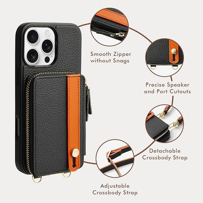 LAMEEKU Compatible with iPhone 16 Pro Wallet Case with Card Holder, Zipper Leather Crossbody Case with Phone Grip Holder Stand Wrist Strap for Women 6.3 inch Black