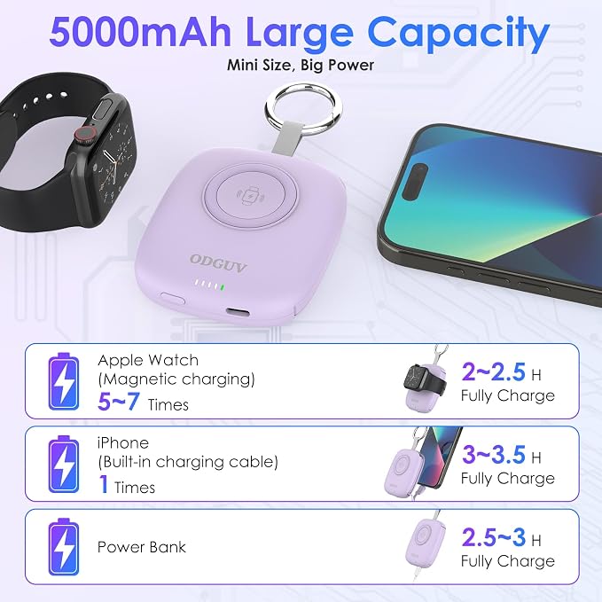 Small Portable Charger 5000mAh,iWatch Wireless Charger Mini Power Bank with Built-in Cable,Travel Keychain Charger for Apple Watch 11/10/9/8/Ultra/7/6/Se/5/4,iPhone 17/16/15/14/13/12,Android Phone
