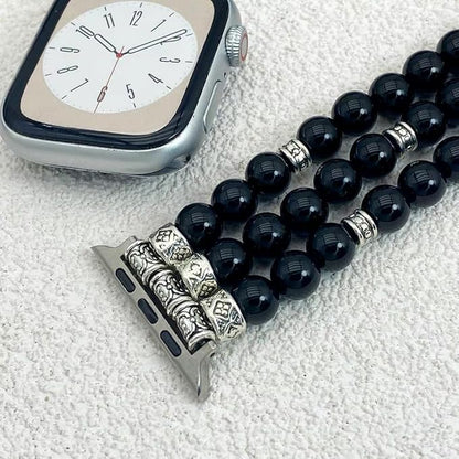 Black Agate Bracelet Compatible for Apple Watch Band 40mm/38mm/41mm Series 9 8 7 SE Series 6/5/4 Women Fashion Natural Gemstone Handmade Stretchy Watch Strap (42mm/44mm/45mm)