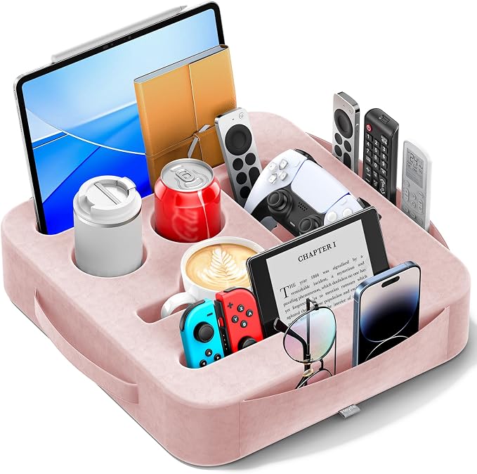 Couch Cup Holder Tray, Couch Caddy for Drink, Snack, Phone, Remote, Ipad, Game Controller, Large-Size Sofa Cup Holder for Bed, Sofa, Car, Desk, Pink