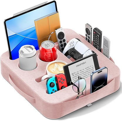 Couch Cup Holder Tray, Couch Caddy for Drink, Snack, Phone, Remote, Ipad, Game Controller, Large-Size Sofa Cup Holder for Bed, Sofa, Car, Desk, Pink