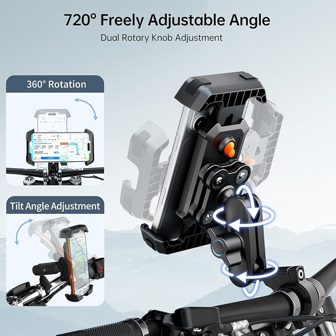 Motorcycle Phone Mount with Vibration Dampener & Security Lock, 720° Adjustable Bike Phone Holder Handlebar, Anti-Theft Motorcycle Phone Holder for iPhone 17/16/15/14/13 Series, 4.5-6.8" Phones