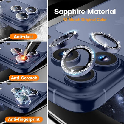 Camera Lens Protector for iPhone 17 Pro Max/17 Pro/16 Pro Max/16 Pro/15 Pro Max/15 Pro/14 Pro Max/14 Pro,Tempered Glass Metal Individual Camera Cover[Anti-drop]Case Friendly- Glitter Deep Blue