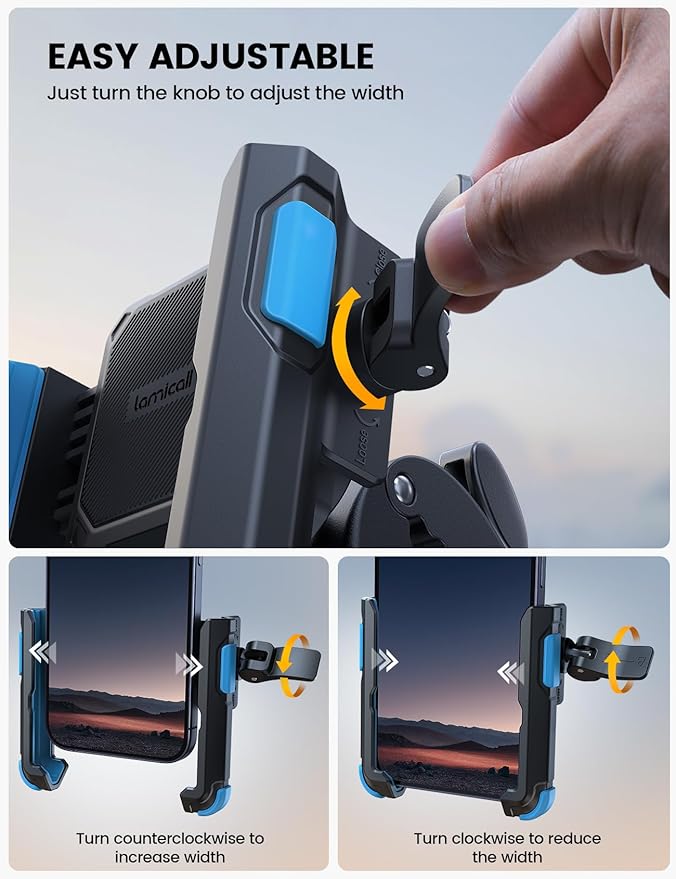Lamicall Motorcycle Phone Mount Holder - [Camera Friendly] [1s Lock] Bike Phone Holder Handlebar Clamp, Bicycle Scooter Phone Clip, for iPhone Air, 17, 16, 15 Pro Max, Galaxy S25, 4.7-7" Phones, Blue