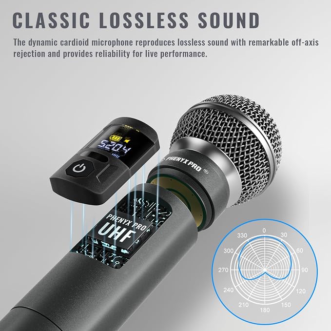Phenyx Pro Wireless Microphone System,Metal Wireless Mic Set w/Handheld/Bodypack/Headset/Lapel Mics,2 x 30 UHF Frequencies, 200 ft Range, Cordless Mic for Singing, Karaoke, Church (PTU-52-1H1B)