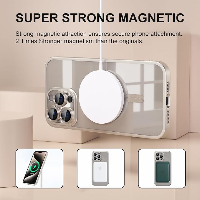 Misea Magnetic for iPhone 15 Pro Max Case [Never Yellowing] [Military Grade Drop Protection] Full Camera Lens Protector Soft Clear Phone Case for Women Girls, Titanium Natural