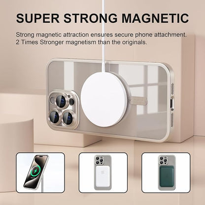 Misea Magnetic for iPhone 15 Pro Max Case [Never Yellowing] [Military Grade Drop Protection] Full Camera Lens Protector Soft Clear Phone Case for Women Girls, Titanium Natural
