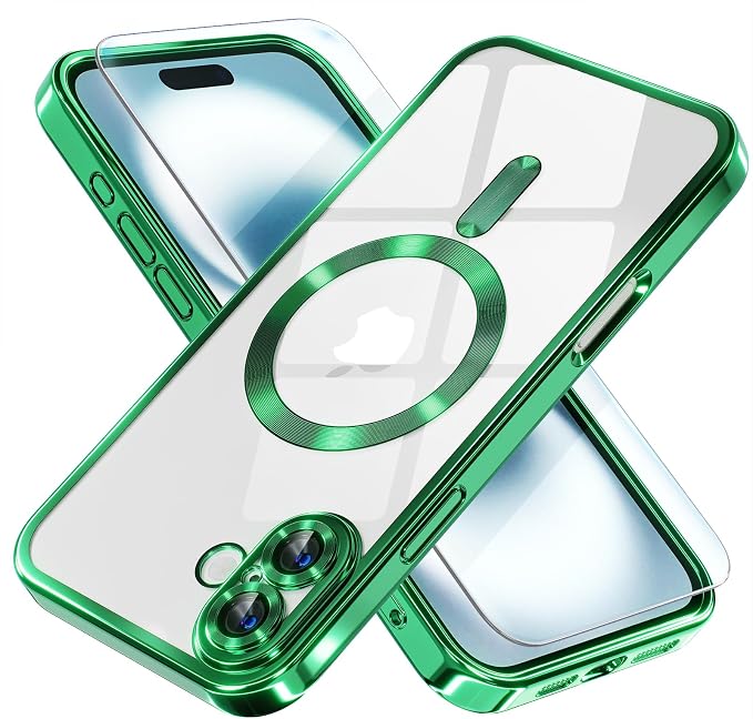 Misea Magnetic for iPhone 16 Plus Case Compatible with MagSafe [Never Yellowing] [Military Grade Drop Protection] Full Camera Lens Protector Plating Soft Clear Phone Case for Women 6.7", Green