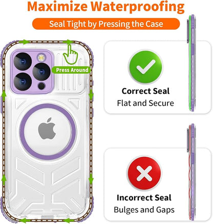 for iPhone 15 Pro Waterproof Case, IP68 Underwater Case Built-in Screen Protector, 360 Full Body Compatible with MagSafe, 12FT Military Grade, Slim Translucent Protective Cover 6.1 inch Purple