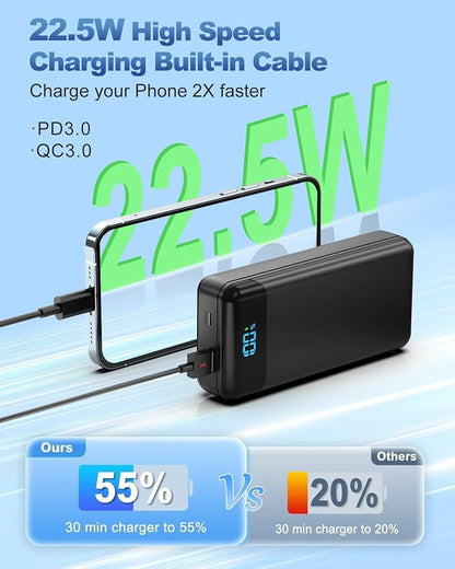 Portable Charger 40000mAh Power Bank - PD 22.5W Fast Charging Battery Pack, Built-in Cable Phone Charger 4 Output 3 Input, Compatible with iPhone 16 15 14 13 Android | Built-in Cable, 4 Output 3 Input, Digital Display, Compatible with iPhone 17 16 15 1...