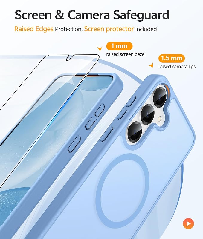 FNTCASE for Samsung Galaxy S25/S24 Case, Fit for Magsafe, Screen Protector | Translucent Matte Magnetic Back, 14FT Military Grade Drop Protection, Shockproof Protective Phone Cover, Light Blue