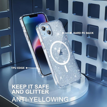 Choiche Magnetic Case for iPhone 14 Plus Case, Women Clear Glitter Bling Sparkly Case, [2xDiamond Camera Lens Protectors] [2xTempered Glass Screen Protectors] [Compatible MagSafe] (Glitter Clear)