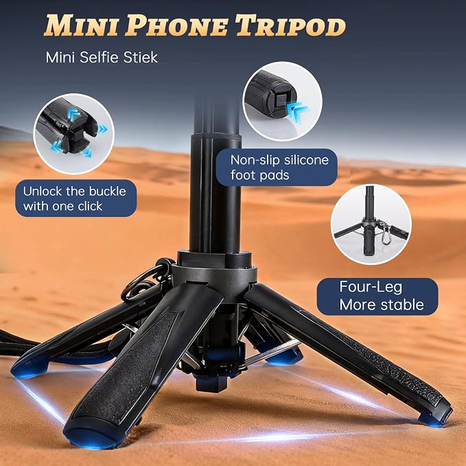Magnetic Selfie Stick Tripod with 2 Selfie Light, Phone Tripod, Portable Pocket Size Selfie Stick with Rechargeable Remote and Metal Ring, Compatible with iPhone/Android for Photo/Video