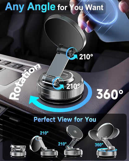 Vacuum Magnetic Car Phone Holder 360° Strongest 120LBS Ultra Suction Cup Phone Mount for MagSafe Dashboard Cell Phone Holders for Your Car/Gym/Mirror Bracket for iPhone 17 & Android, Metal Stand Rotor