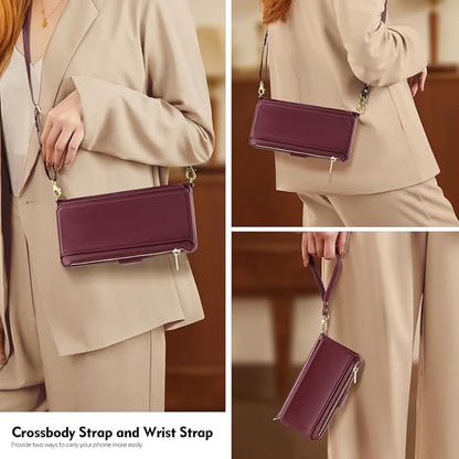 Antsturdy Compatible with iPhone 15 Wallet Case for Women【RFID Blocking】 Crossbody Phone Case PU Leather Zipper Wrist Strap Flip Protective Cover Credit Card Holder Slots,for Apple 15 6.1",Wine Red