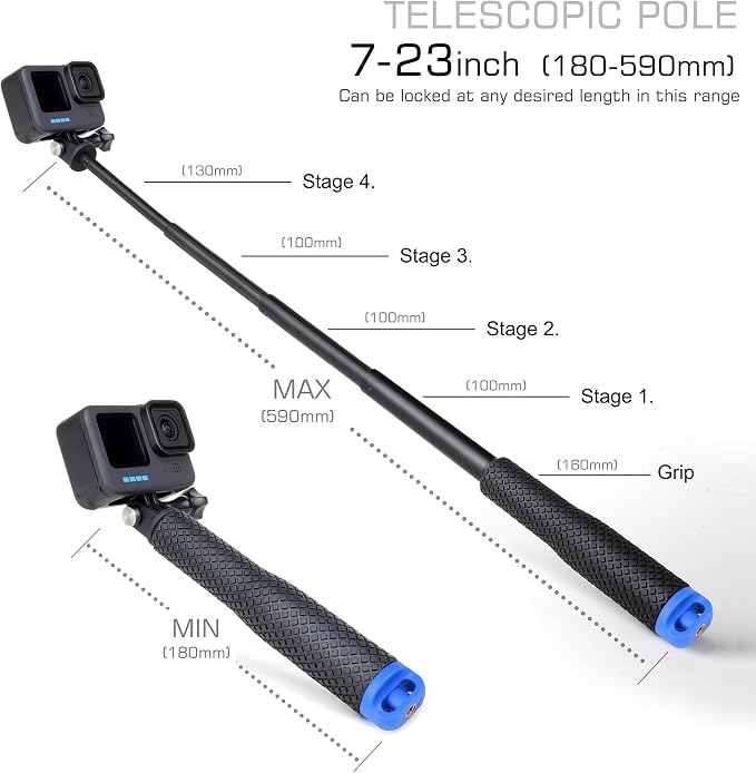 GEPULY 7''-23''Waterproof Pole Selfie Stick Pocket Size Underwater Handle Grip Monopod Aluminum for GoPro Hero Session Max Insta360 AKASO DJI OSMO Digital Cameras