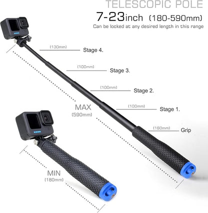 GEPULY 7''-23''Waterproof Pole Selfie Stick Pocket Size Underwater Handle Grip Monopod Aluminum for GoPro Hero Session Max Insta360 AKASO DJI OSMO Digital Cameras