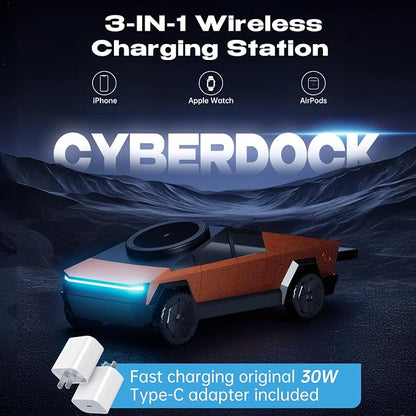 CyberDock 3-in-1 Wireless Charging Station, Cybertruck 1:25 Scale Charger with Qi2 Certified 15W Charging for iPhone iWatch AirPods, Magnetic Rotating Charger with Ambient Light, 30W Adapter, Orange