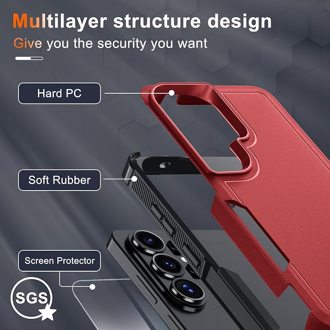 for Samsung Galaxy S26 Ultra Case with Screen Protector+Camera Lens Cover,Military Grade Heavy Duty Shockproof Phone Cover with Wrist Lanyard Strap for Samsung S26Ultra,Red