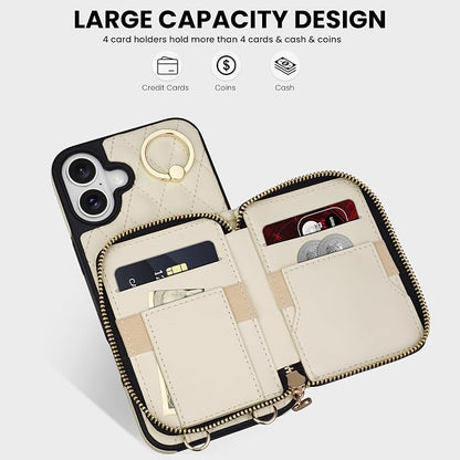Keallce Case for iPhone 16 Plus 6.7'' Wallet Case, Crossbody Zipper Purse with Wristlet for Women, RFID Blocking Card Holders, 360° Ring Kickstand Flip Leather Case for iPhone 16 Plus, Beige