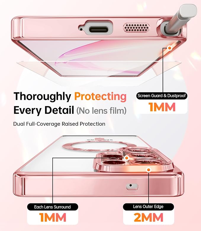 Meifigno Case Designed for Samsung Galaxy S25 Ultra 6.9 inch, [Compatible with MagSafe] [2X HD Screen Protectors] [Glitter Card & Wrist Strap] Full Lens Protection Case for Galaxy S25 Ultra, Rose Gold | 6.9 inch