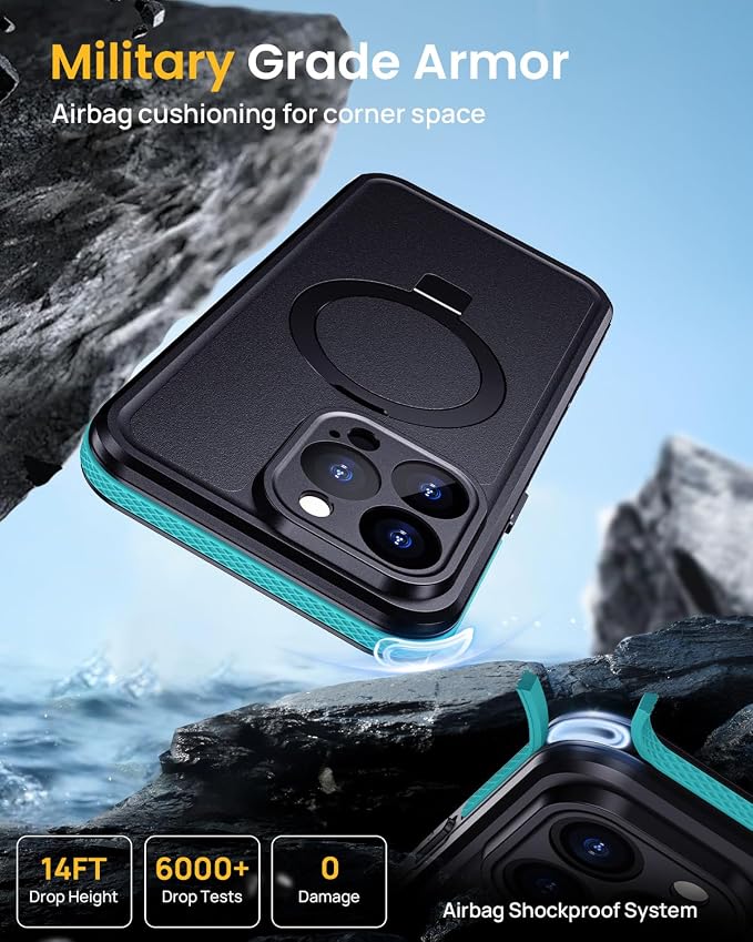 Lanhiem Magnetic for iPhone 16 Pro Max Waterproof Case, Dustproof Case Built-in Screen Protector, [Fit for MagSafe] [Invisible Stand] Shockproof Heavy Duty Underwater Case for 16 Pro Max (Light Blue)