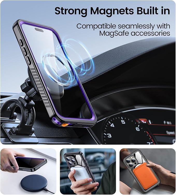 Temdan Magnetic for iPhone 16 Pro Max Case Waterproof,Built-in Screen Protector[IP68 Underwater][Upgrade Military Dropproof][Compatible with MagSafe] Full Body Shockproof Case-Purple
