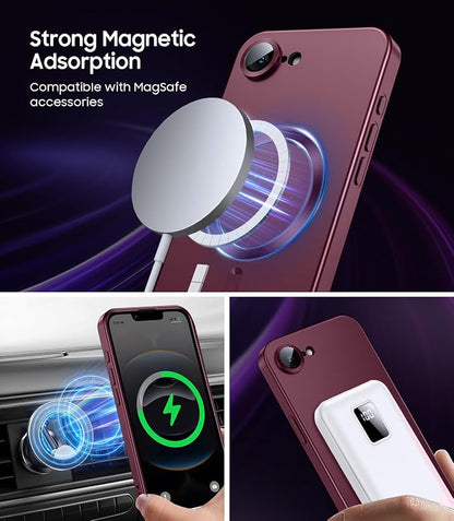 Magnetic for iPhone 17e Case/iPhone 16e Case [Compatible with MagSafe][Built-in Camera Lens Protector] Slim Soft Silicone Bumper Shockproof Metallic Luster 17e Phone Case (Burgundy)